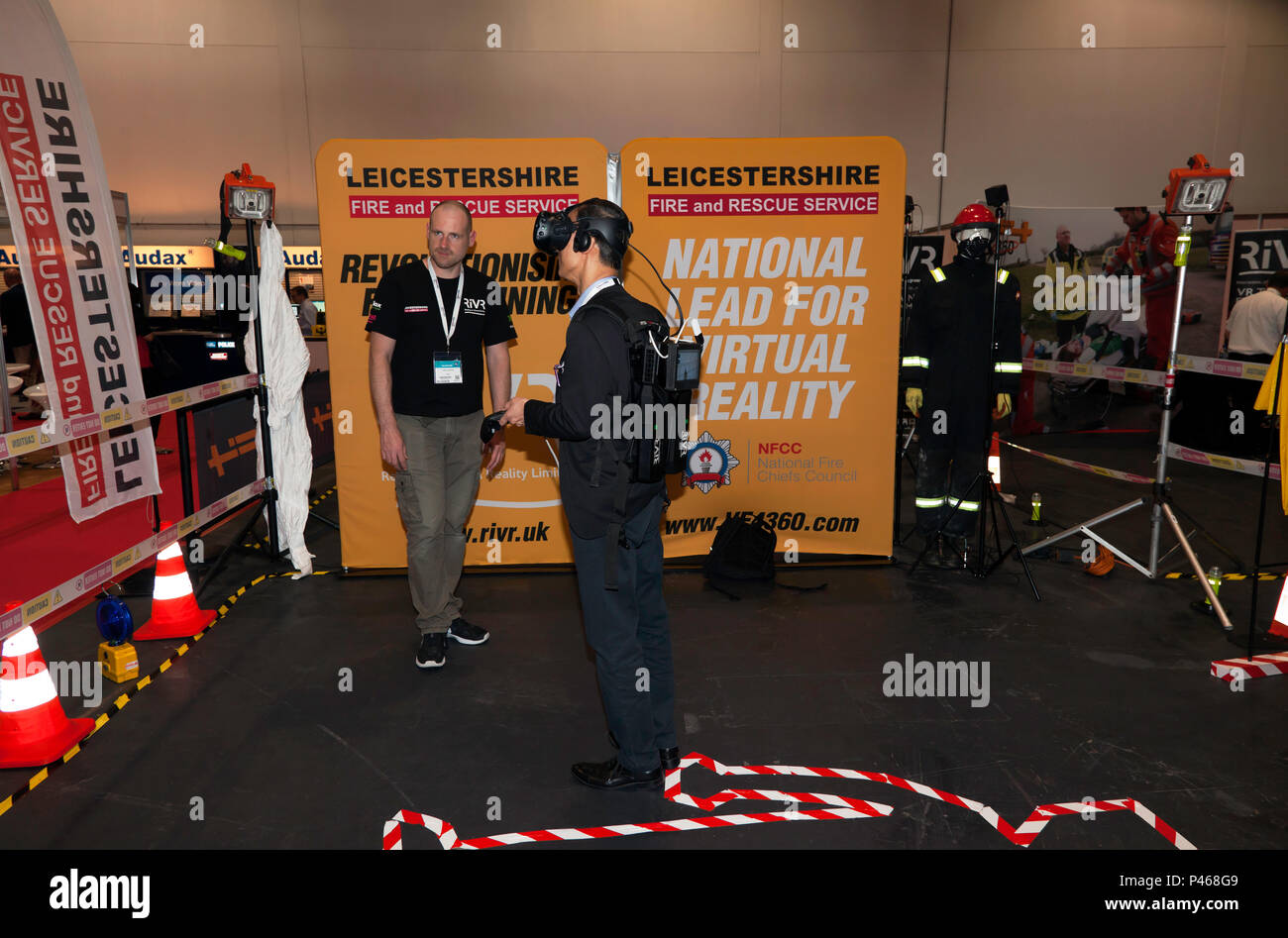 Leicestershire Fire and Rescue Services demonstrating the use of VR as a training aid in the Fire service, at TechXLR8 2018, ExCel, London Stock Photo