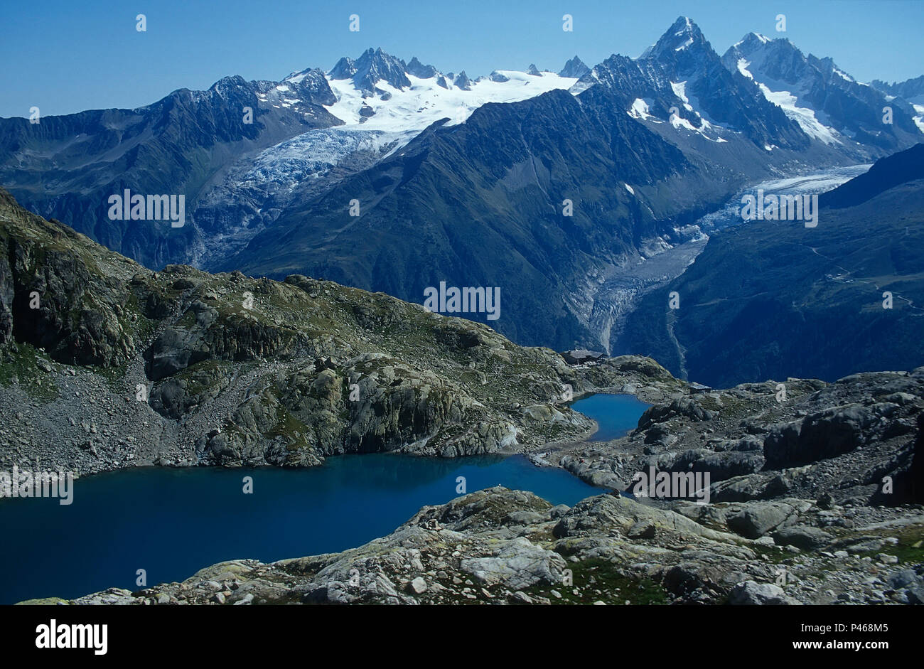 Lac Blanc in the Chamonix Alps with the Glacier du Tour and Argentiere beyond Stock Photo