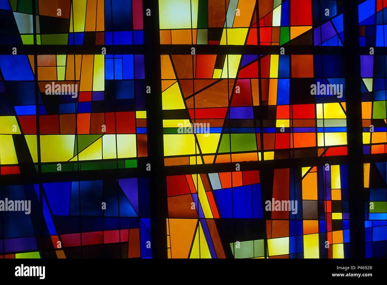 The lovely modern stained glass window in Gaspé Cathedral, Gaspésie, Quebec, Canada Stock Photo