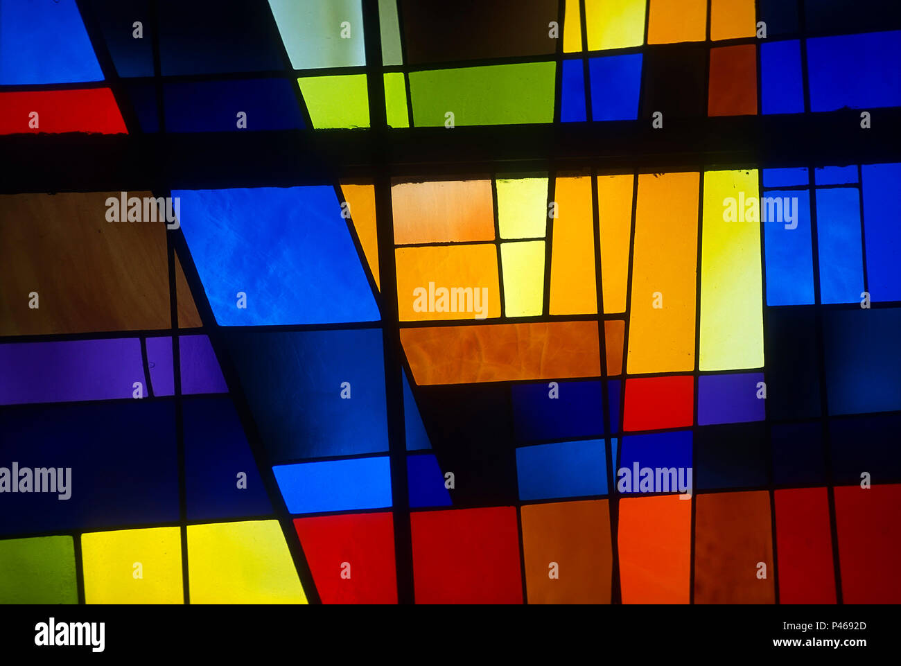 The lovely modern stained glass window in Gaspé Cathedral, Gaspésie, Quebec, Canada Stock Photo