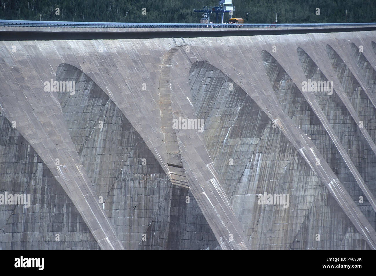 The massive Daniel Johnson Dam, also known as manic 5, on the Manicougan river in Quebec Canada. It is the largest dam of its type in the world Stock Photo