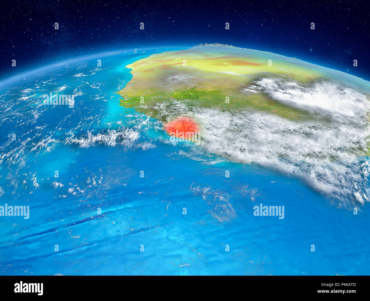 Orbit view of Sierra Leone highlighted in red on planet Earth with ...