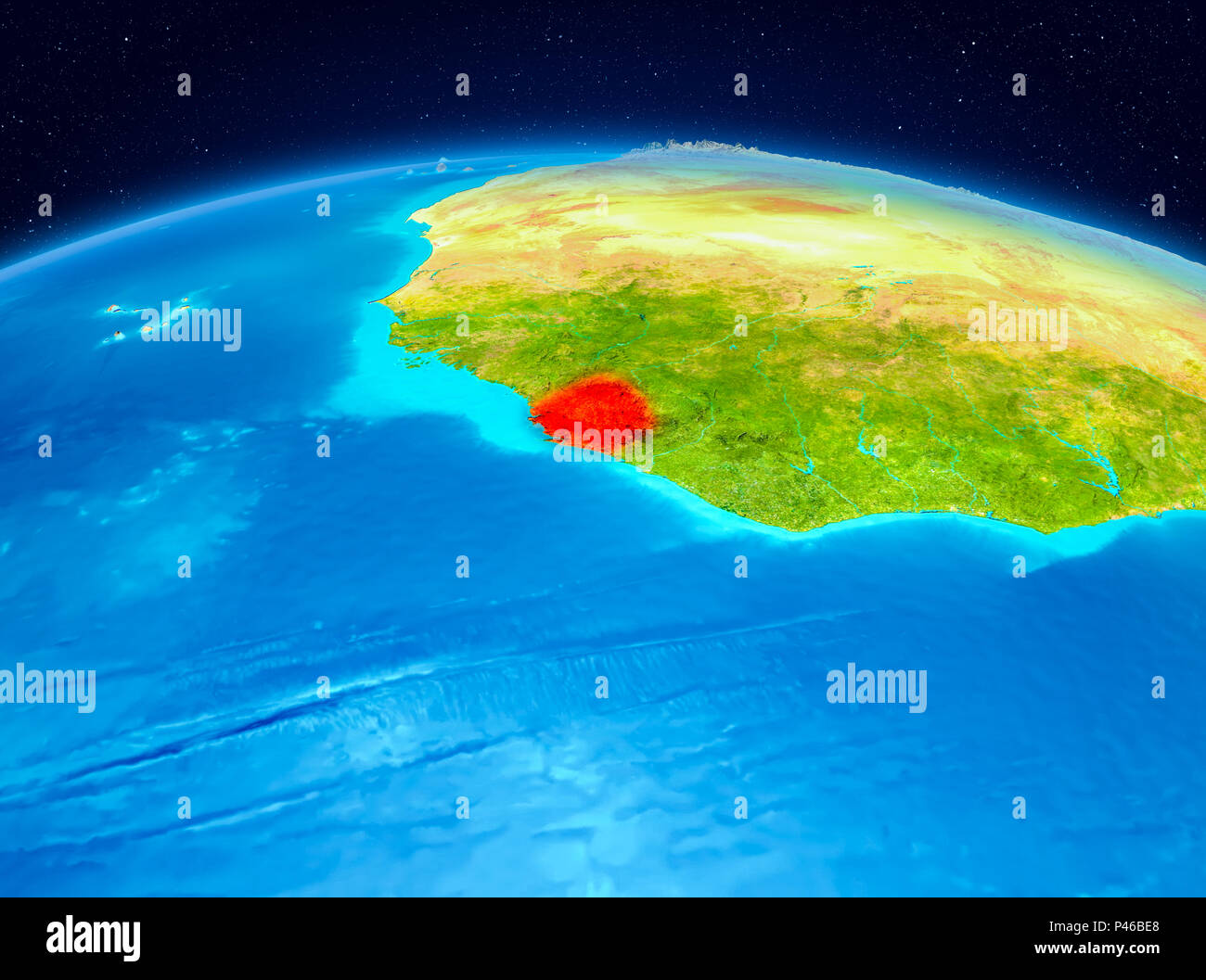 Satellite view of Sierra Leone highlighted in red on planet Earth. 3D ...