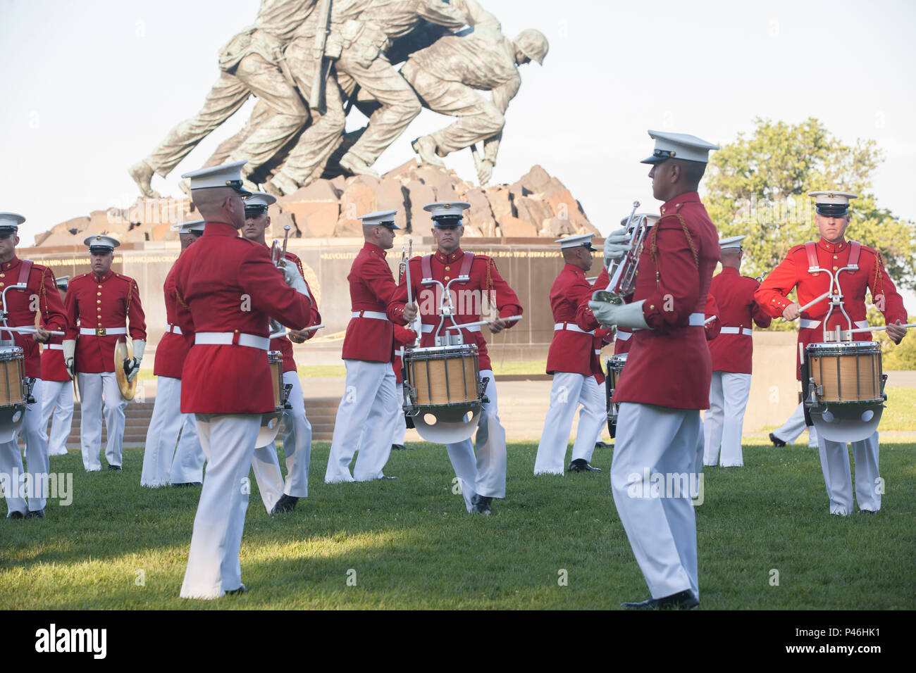 U.S. Marines with the Marine Corps Drum and Bugle Corps perform during
