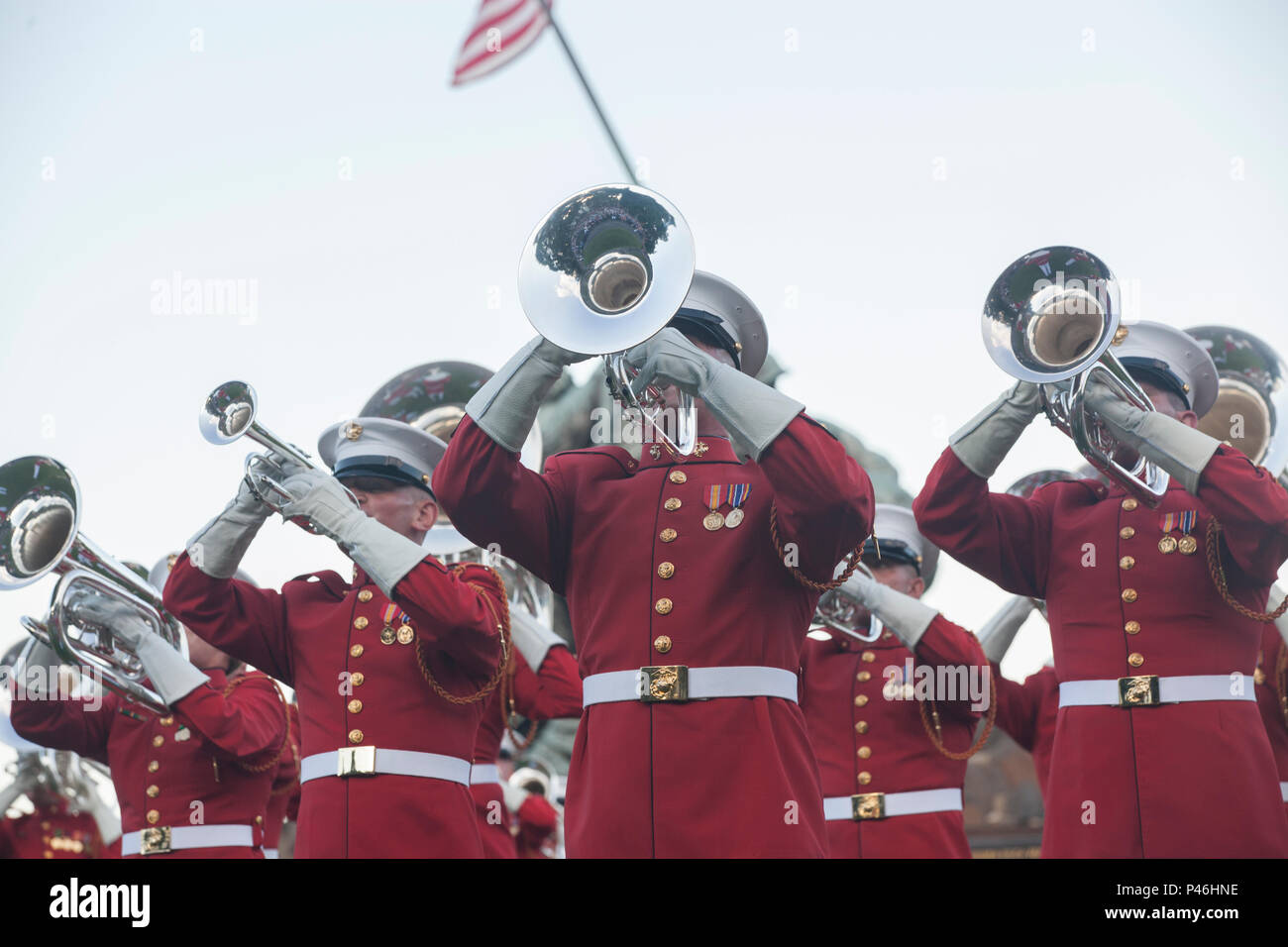 U.S. Marines with the Marine Corps Drum and Bugle Corps perform during