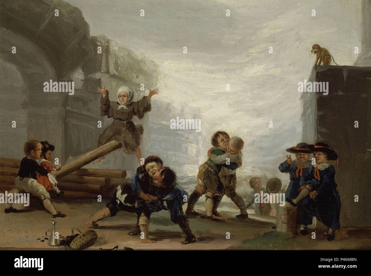 NIÑOS JUGANDO AL BALANCIN. Author: Francisco de Goya (1746-1828). Location:  FUNDACION SANTAMARCA, MADRID, SPAIN Stock Photo - Alamy