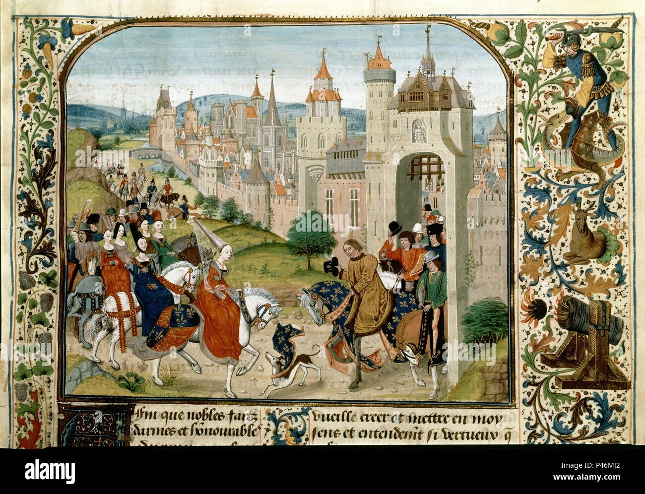 CARLOS IV FRANCIA RECIBE A LA REINA ISABEL DE INGLATERRA - 1325 - MANUSCRITO GOTICO. Author: Jean Froissart (c. 1333-c. 1410). Location: NATIONAL LIBRARY. Stock Photo
