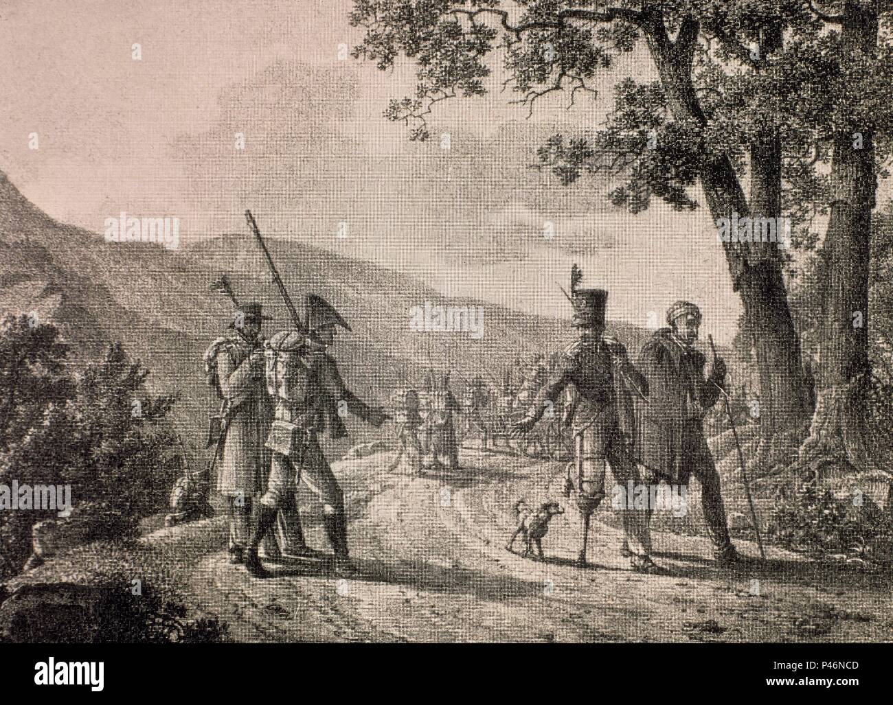 GRABADO-SOLDADOS FRANCESES-GUERRA INDEPENDENCIA. Author: Louis-Albert-Guislain Bacler d'Albe (1761-1824). Location: NATIONAL LIBRARY, FRANCE. Stock Photo