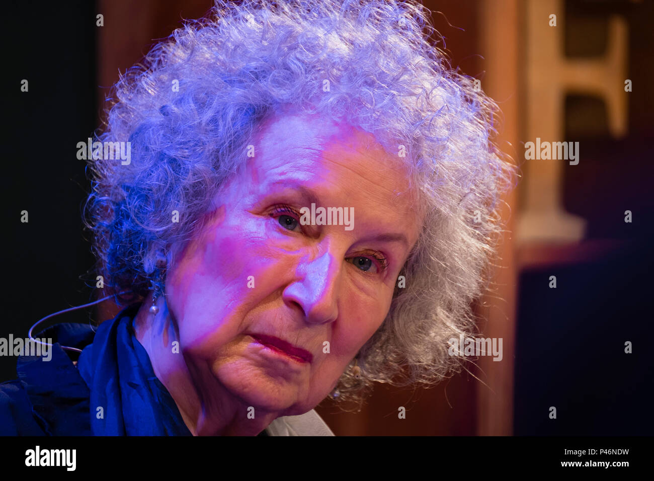 MARGARET ATWOOD, Canadian novelist, writer, commentator. Author of the dystopian classic 'The Handmad's Tale'   Appearing  at the 2018 Hay Festival of Literature and the Arts.  The annual festival  in the small town of Hay on Wye on the Welsh borders , attracts  writers and thinkers from across the globe for 10 days of celebrations of the best of the written word, political though  and literary debate Stock Photo