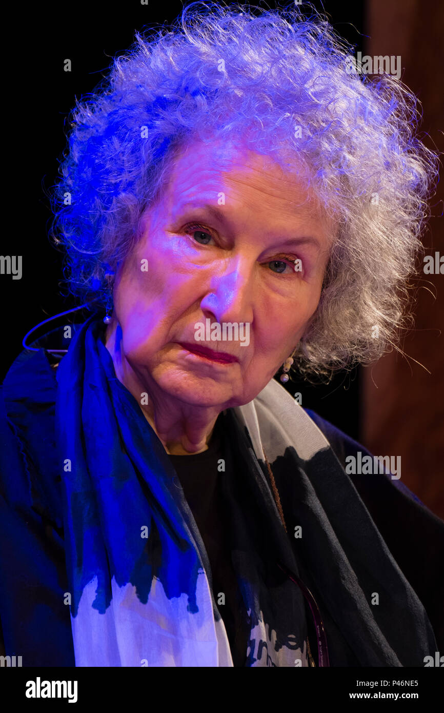 MARGARET ATWOOD, Canadian novelist, writer, commentator. Author of the dystopian classic 'The Handmad's Tale'   Appearing  at the 2018 Hay Festival of Literature and the Arts.  The annual festival  in the small town of Hay on Wye on the Welsh borders , attracts  writers and thinkers from across the globe for 10 days of celebrations of the best of the written word, political though  and literary debate Stock Photo