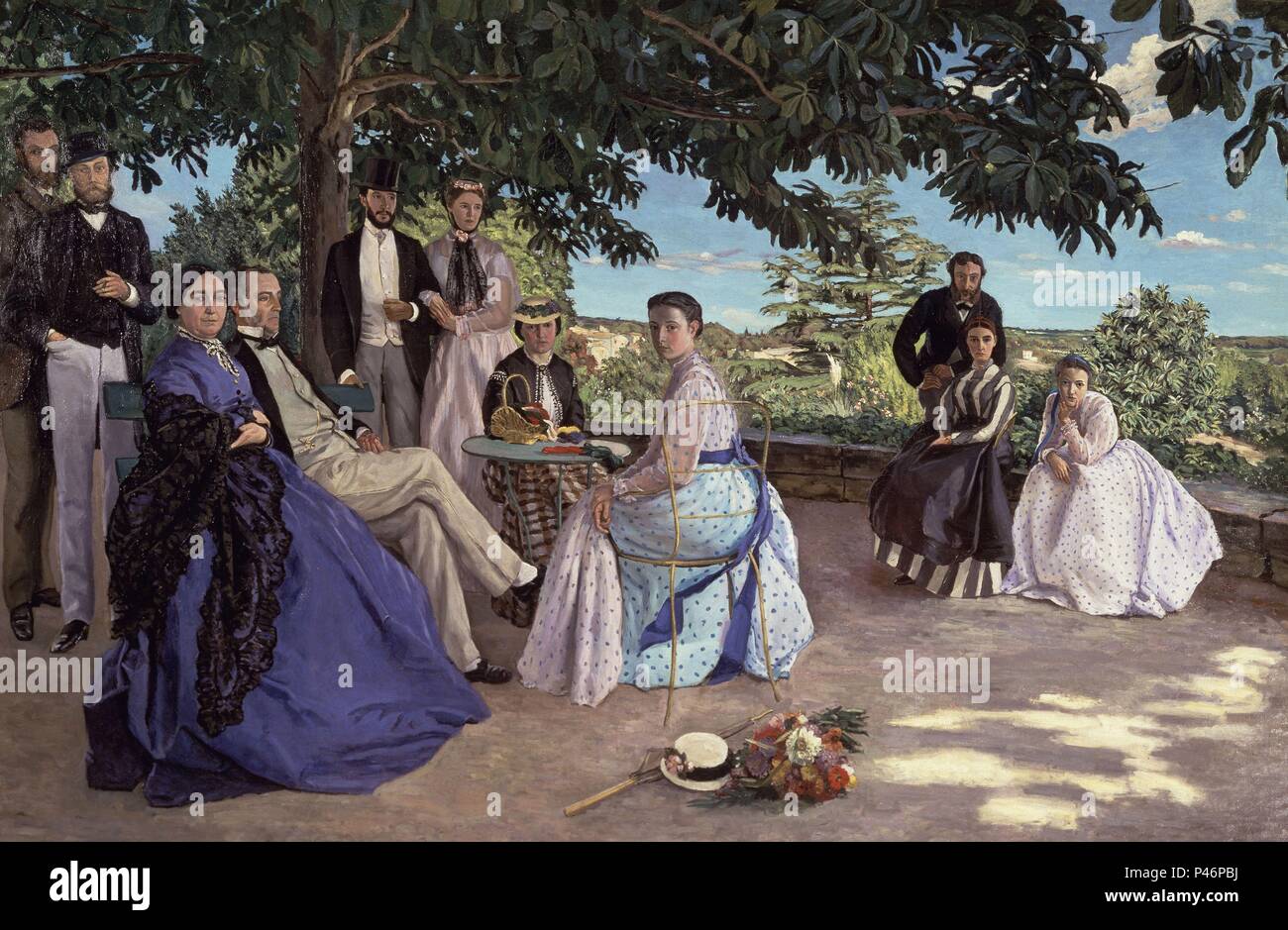 Family reunion - 1867 - 152x230 cm - oil on canvas. Author: Frédéric Bazille (1841-1870). Location: MUSEE D'ORSAY, FRANCE. Also known as: REUNION DE FAMILIA. Stock Photo