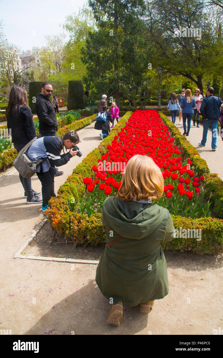 People visiting the tulips garden. Royal Botanical Garden, Madrid