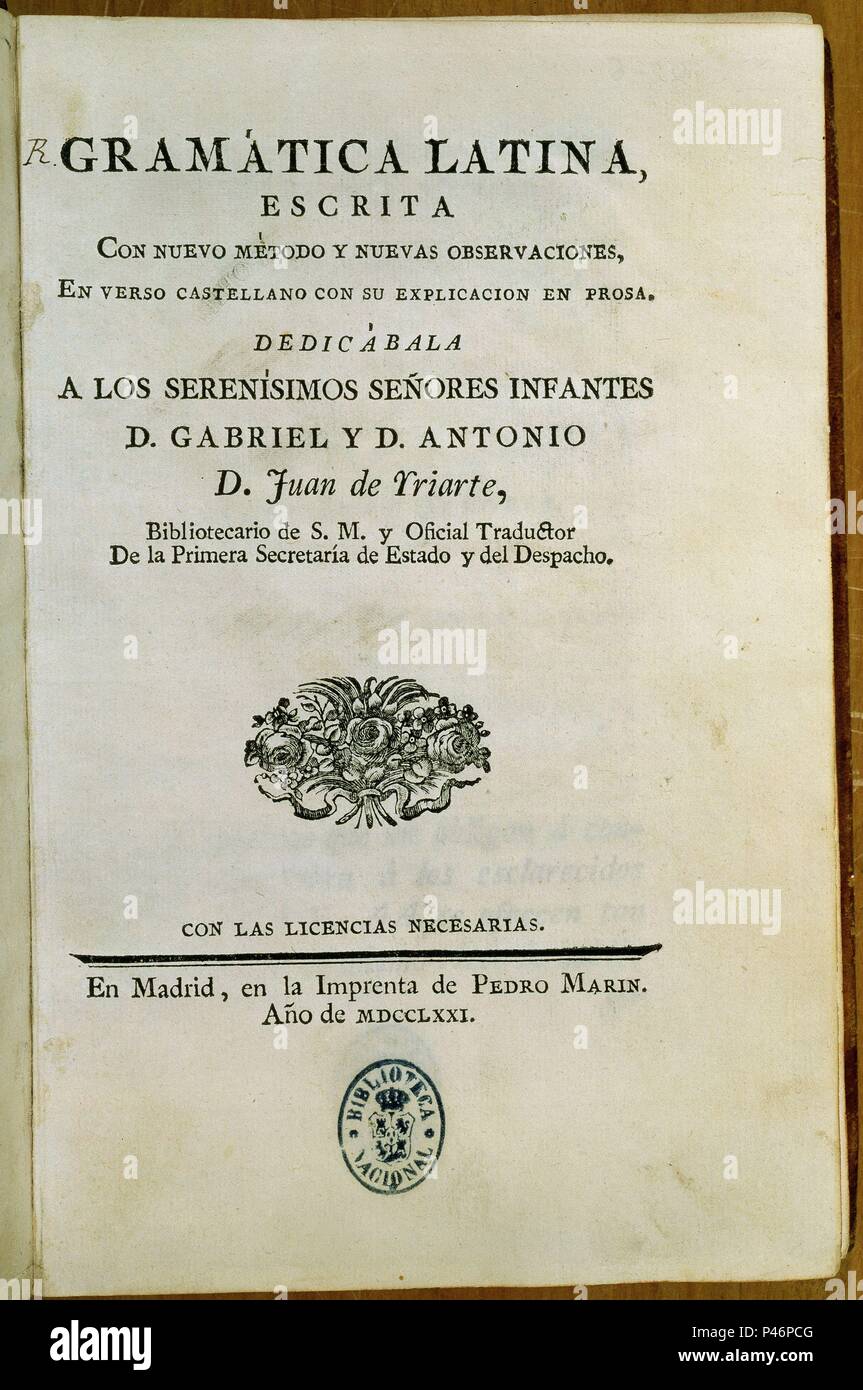 PORTADA DE LA GRAMATICA LATINA - MADRID - 1771. Author: IRIARTE JUAN.  Location: BIBLIOTECA NACIONAL-COLECCION, MADRID, SPAIN Stock Photo - Alamy