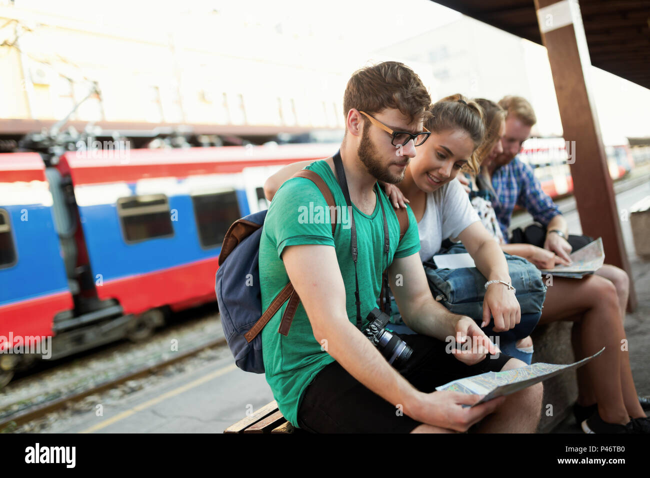 Young group of travelling tourists Stock Photo