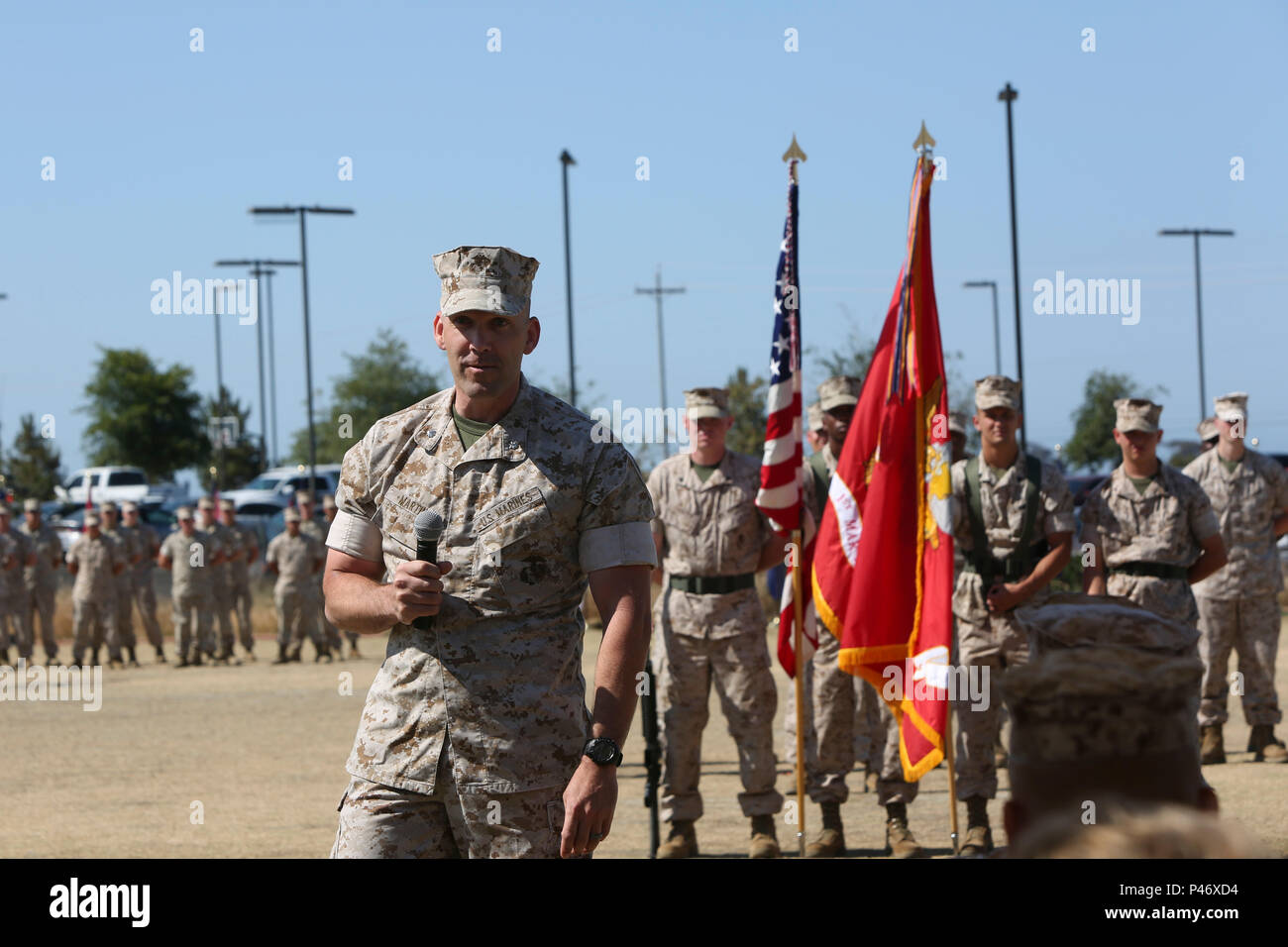 U.S. Marine Corps Lt. Col. Richard M. Martin, commanding officer, 1st Marine Raider Support Battalion, Marine Raider Support Group, Marine Corps Forces Special Operations Command, addresses the audience during a Change of Command Ceremony in the 41 Area parade deck at Camp Pendleton, Calif., June 20, 2016. A Change of Command ceremony is a military tradition that represents a formal transfer of authority and responsibility for a unit from one Commanding Officer to another. (U.S. Marine Corps photo by Sgt. Maricela M. Bryant, MCIWEST-MCB CamPen Combat Camera/Released) Stock Photo