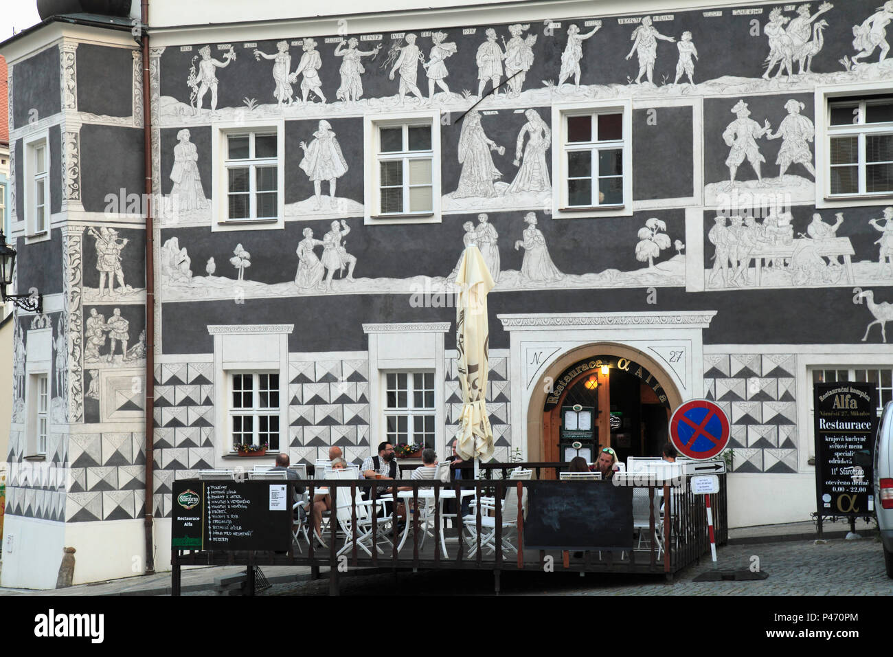 Czech Republic, Moravia, Mikulov, Historical Square, Knights House, sgraffito decoration, Stock Photo