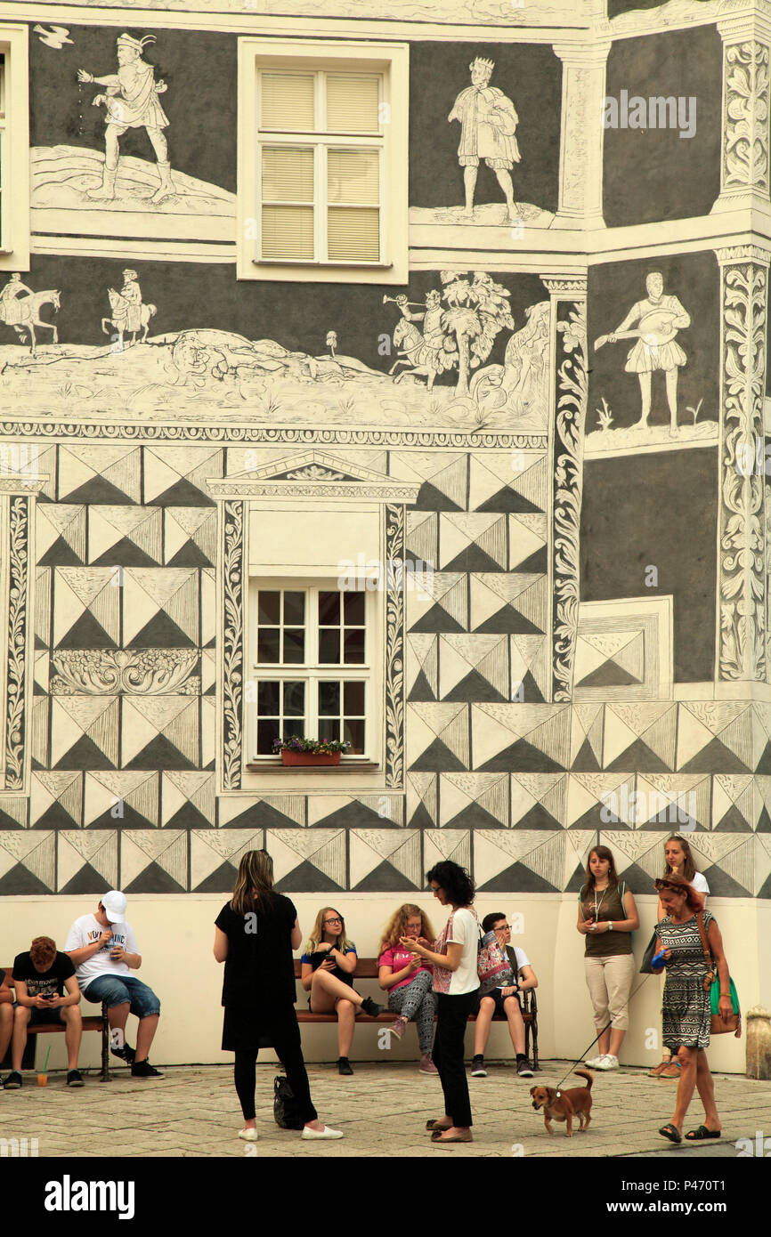 Czech Republic, Moravia, Mikulov, Historical Square, Knights House, people, Stock Photo