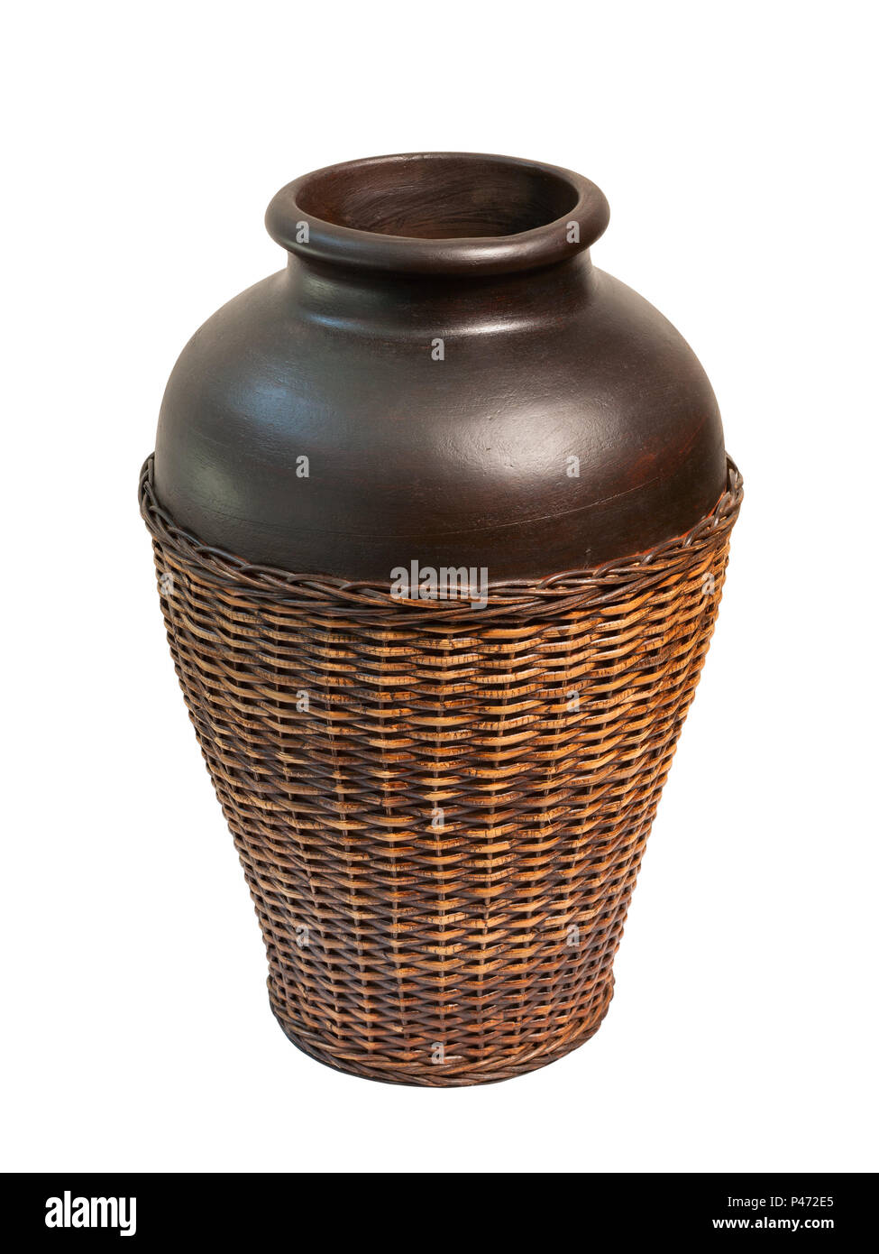 Ceramic vase in braided rattan isolated on white background. Clipping