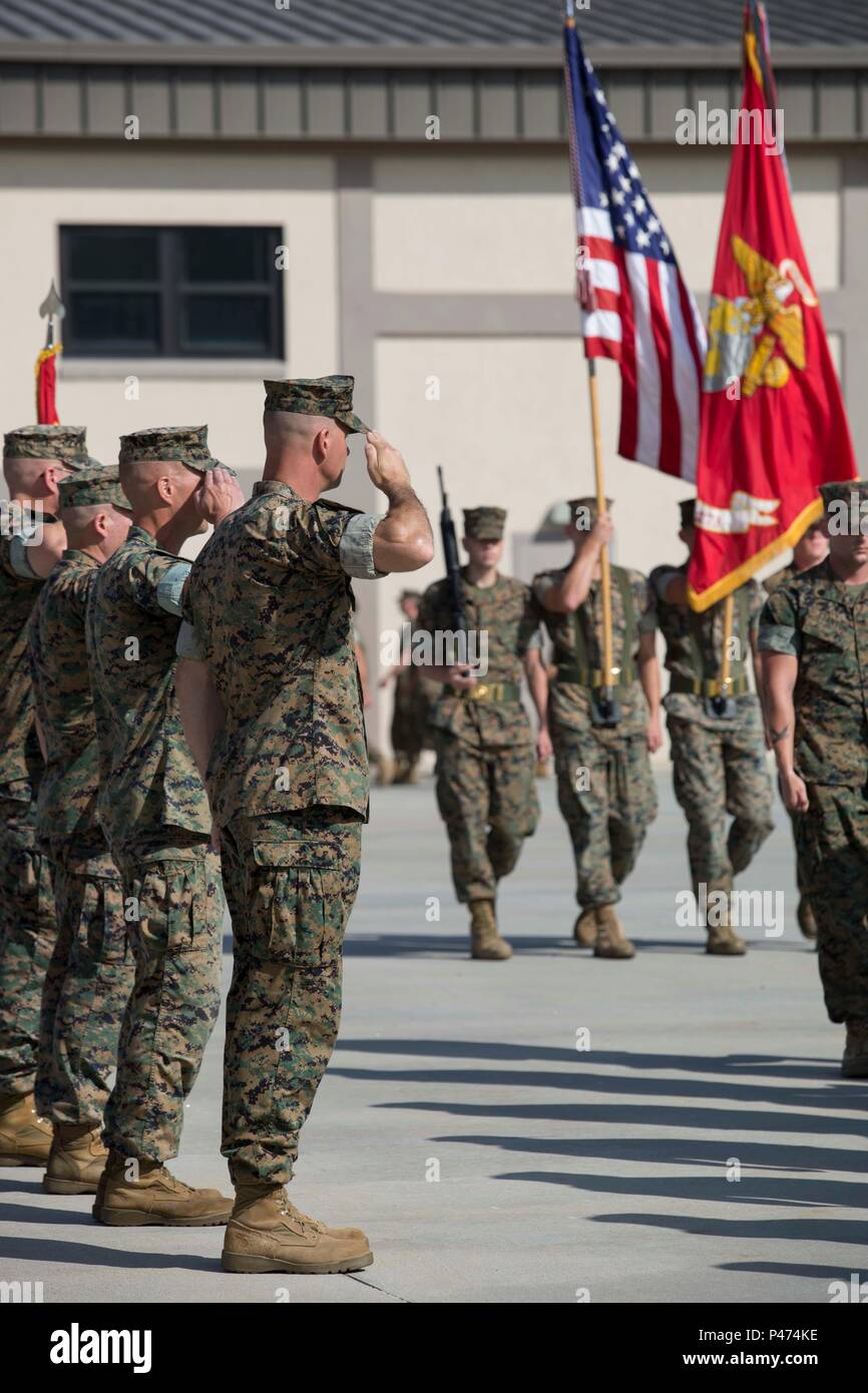 U.S. Marine Corps Marine Wing Support Squadron (MWSS)-273 is re-designated as Marine Wing Support Detachment (MWSD)-31 during a ceremony aboard Marine Corps Air Station Beaufort, S.C., June 16, 2016. MWSS-273 was re-designated due to the continuous restructure of the Marine Corps and to meet requirements that aid in mission accomplishment.  (U.S. Marine Corps photo by Lance Cpl. Kayla L. Douglass/ Released) Stock Photo