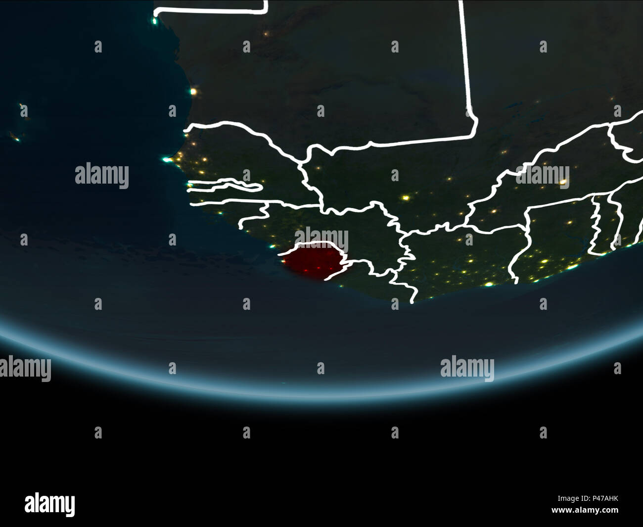 Sierra Leone highlighted in red on planet Earth at night with visible ...