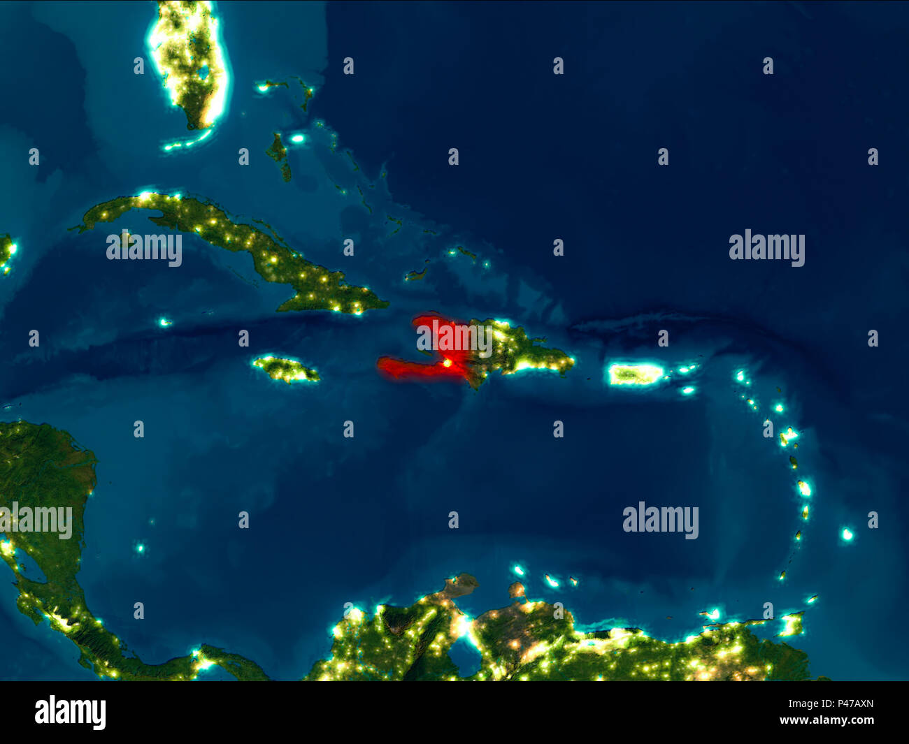 Satellite night view of Haiti highlighted in red on planet Earth. 3D ...