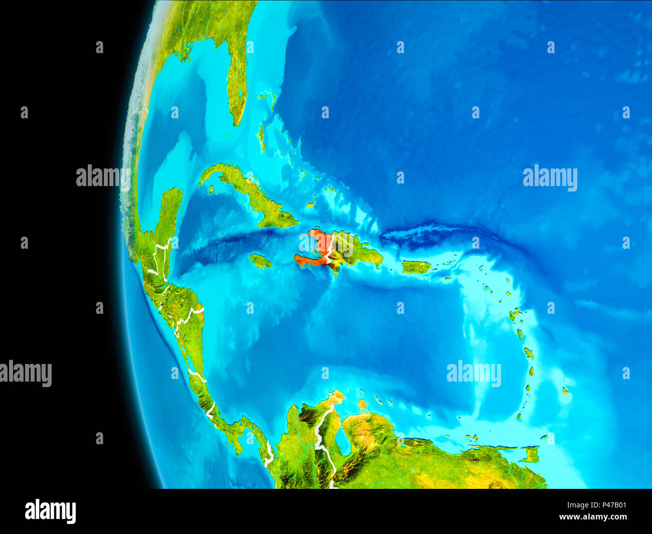 Haiti as seen from Earth’s orbit on planet Earth highlighted in red ...