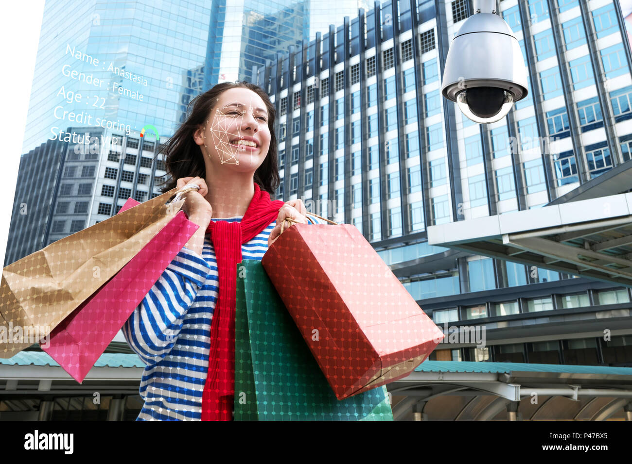 Machine Learning analytics identify person technology , Artificial intelligence concept. Cctv , security camera and biometric technology analytics beh Stock Photo