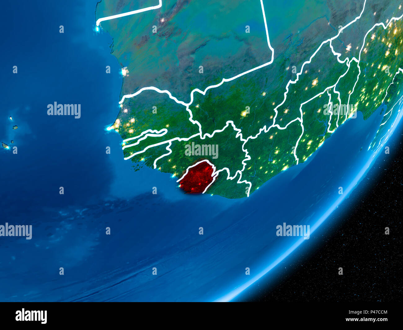 Sierra Leone in red on planet Earth at night with visible borderlines ...