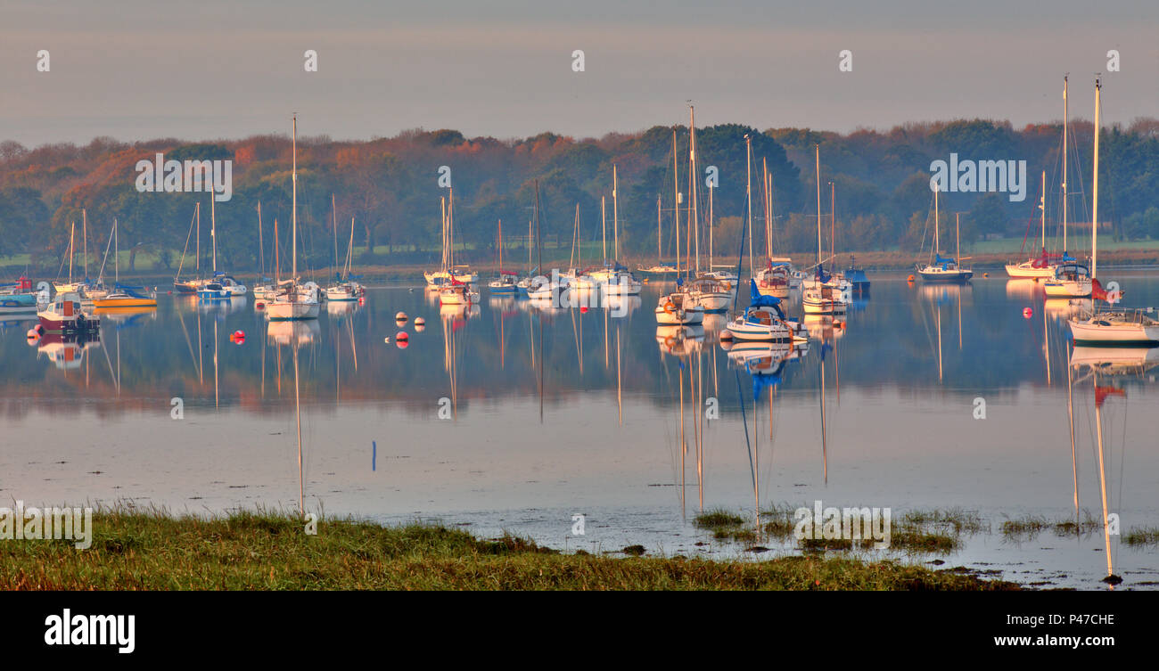 Yachts moored in Chichester Harbour at Apuldram, (Fishbourne Channel