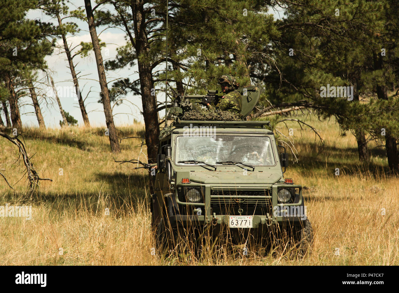 A Canadian G-Wagon from the King's Own Calgary Regiment, assumes a firing  position as a convoy is stopped at the counter improvised explosive device training  course on West Camp Rapid, as part