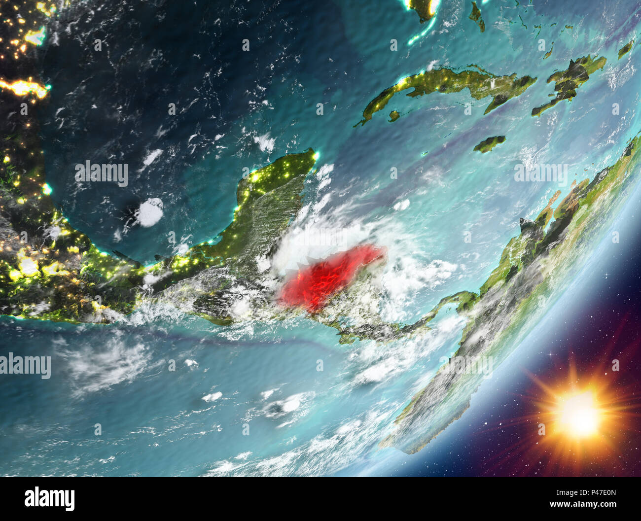 Honduras from orbit of planet Earth in sunrise with highly detailed ...