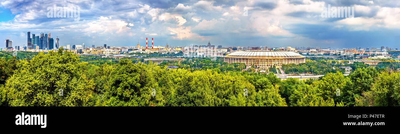Panorama of Moscow with Luzhniki Stadium and Moscow City Business District Stock Photo