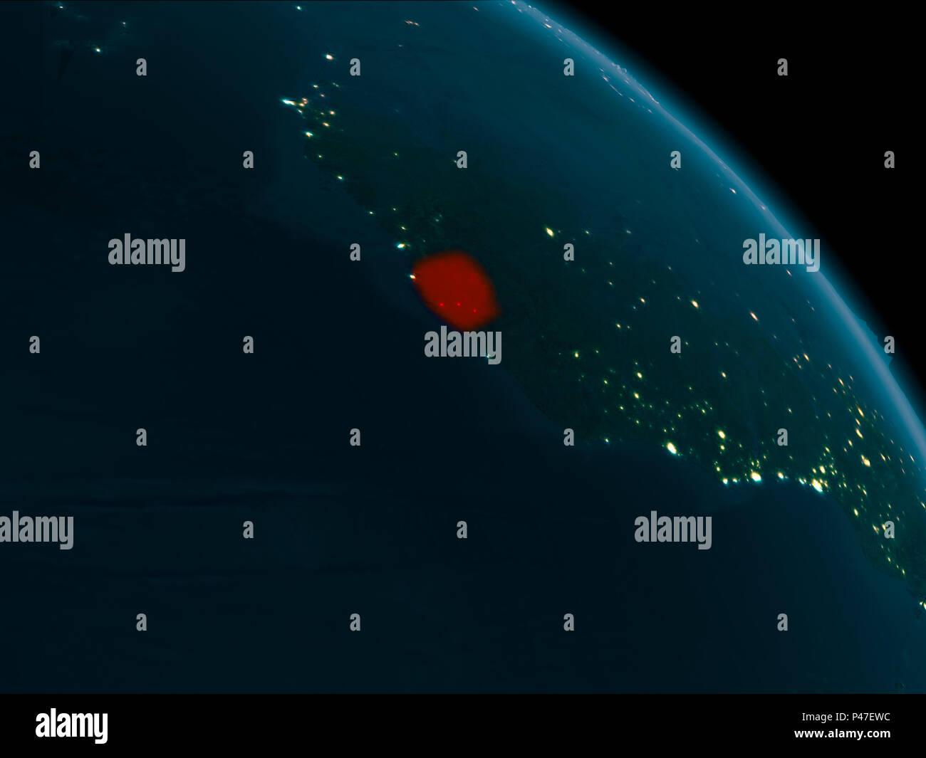 Orbit view of Sierra Leone at night highlighted in red on planet Earth ...