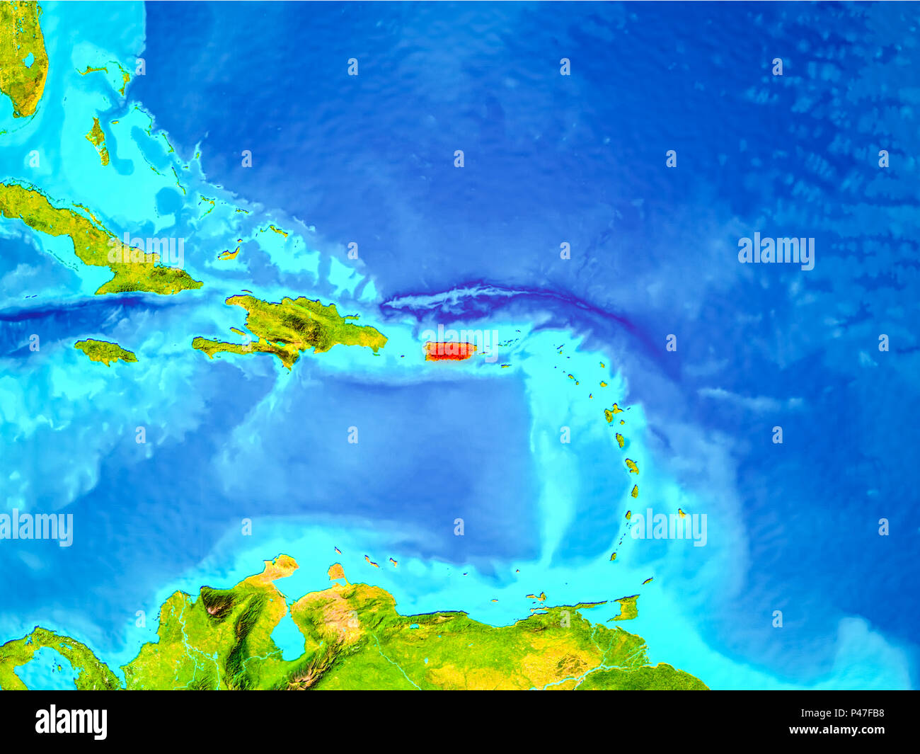 Puerto Rico highlighted in red on planet Earth. 3D illustration. Elements of this image furnished by NASA. Stock Photo