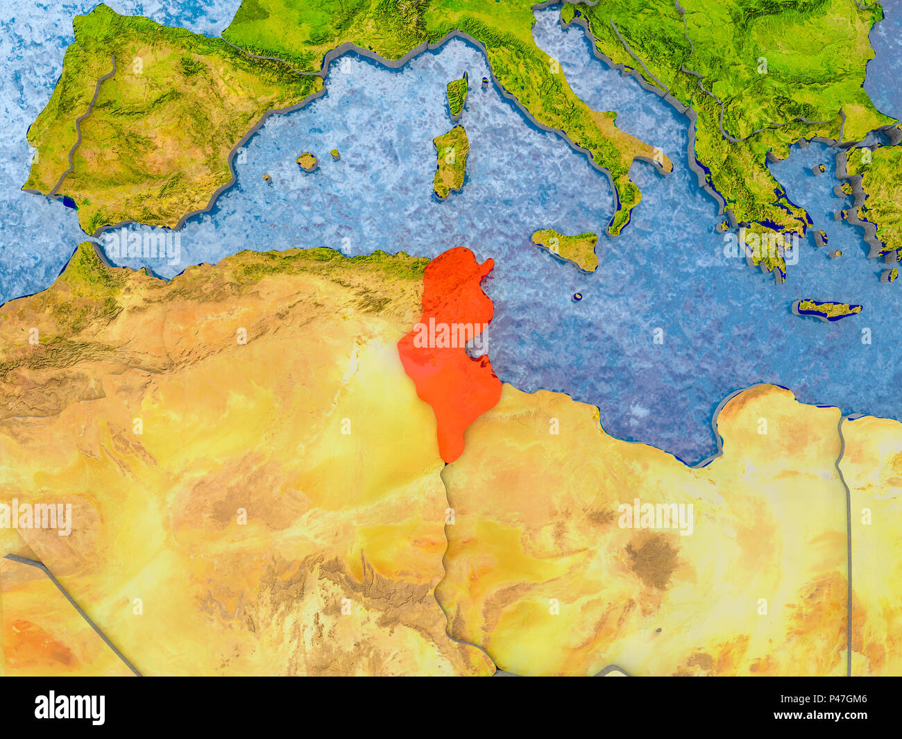 Tunisia In Red On Realistic Map With Embossed Countries 3D Tunisia In Red On Realistic Map With Embossed Countries 3d Illustration Elements Of This Image Furnished By Nasa P47GM6