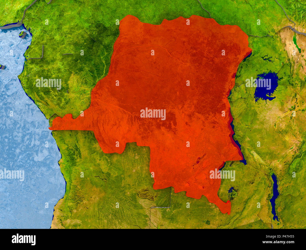 Democratic Republic of Congo in red on realistic map with embossed ...