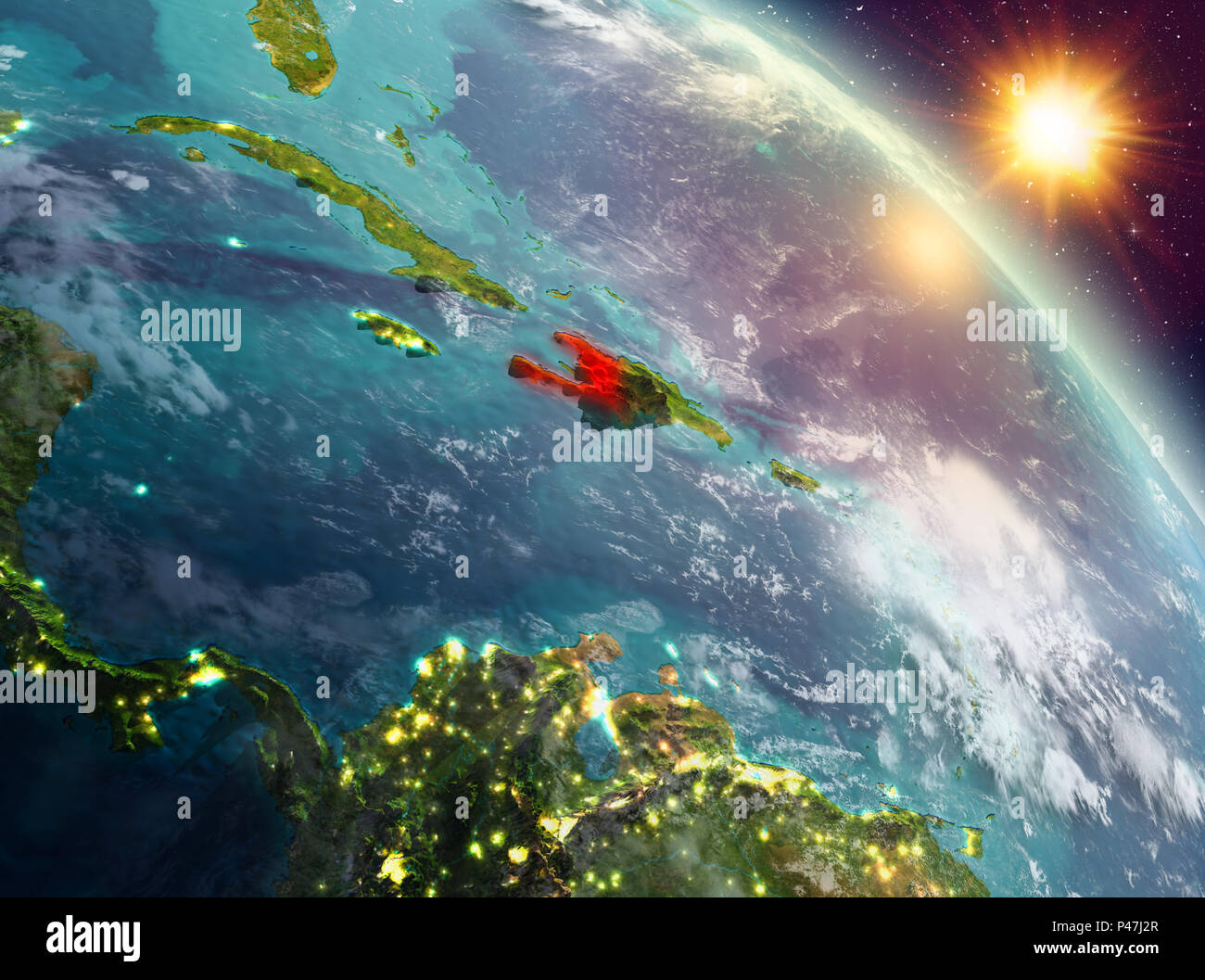 Sunrise above Haiti highlighted in red on model of planet Earth in ...