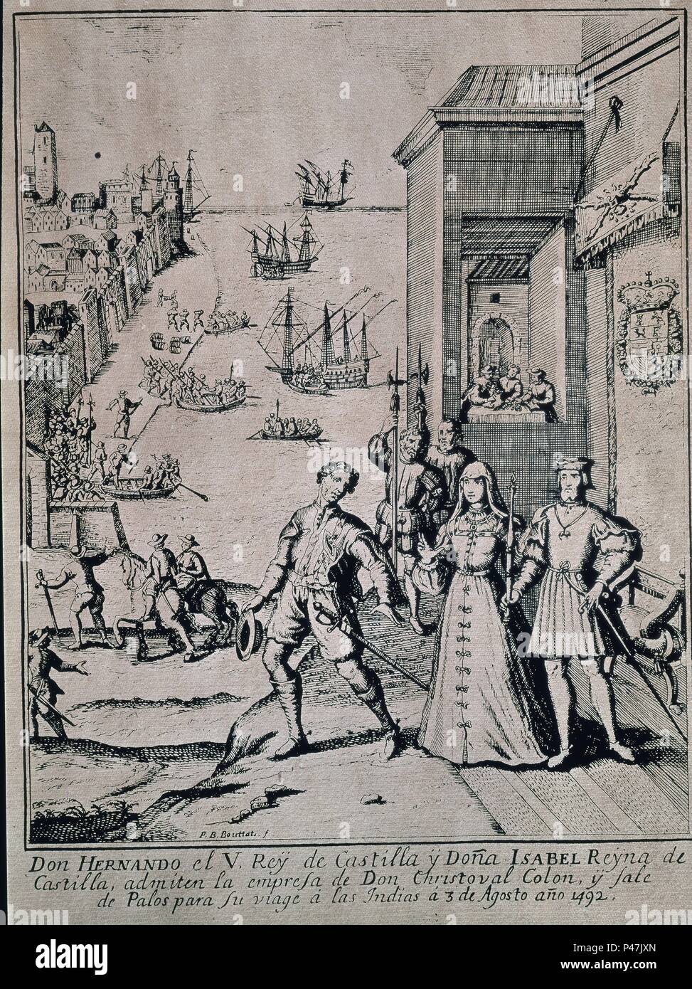 Parting of Columbus with Ferdinand and Isabella, from 'The Narrative and Critical History of America', edited by Justin Winsor, London - 1886 - engraving. Author: Theodor de Bry (1528-1598). Also known as: LOS REYES CATOLICOS DESPIDEN A COLON EN PALOS 3-8-1492. Stock Photo