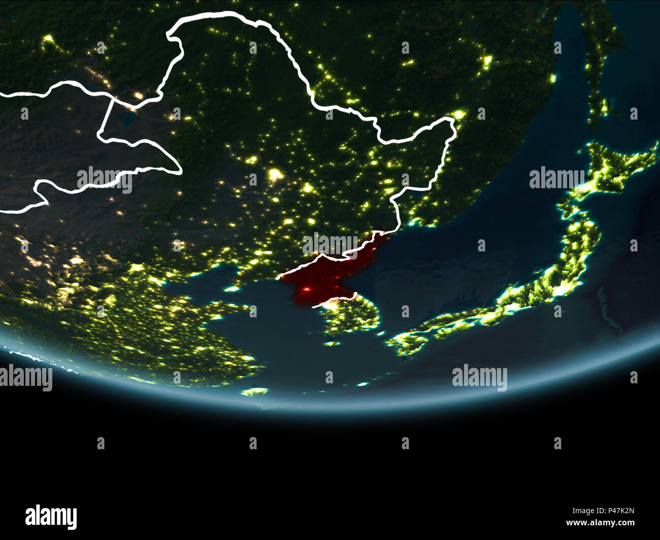 North Korea highlighted in red on planet Earth at night with visible ...