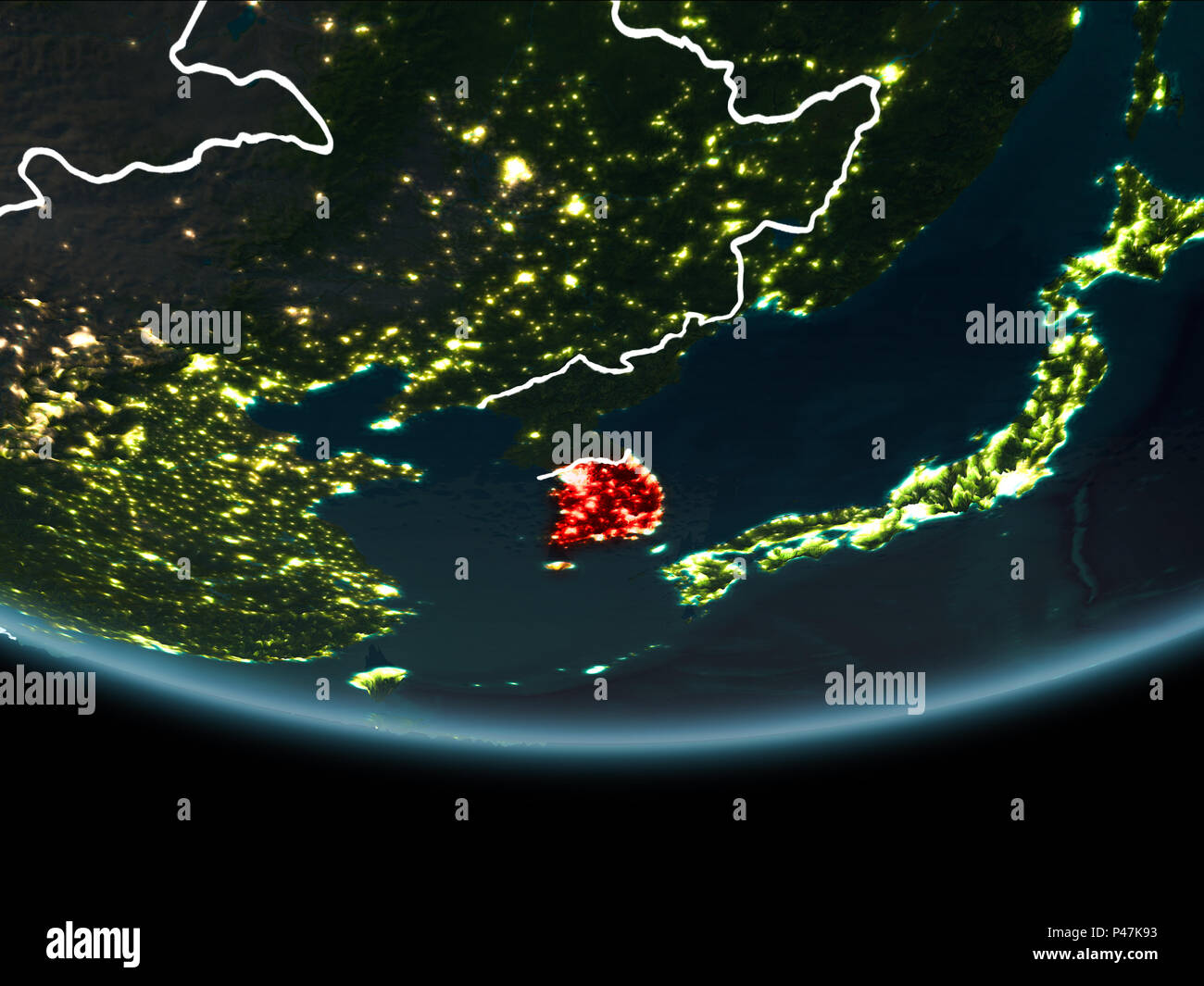 South Korea highlighted in red on planet Earth at night with visible ...