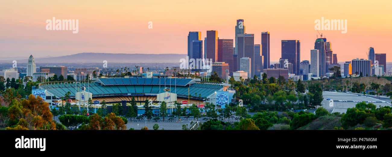Los Angeles skyline and Dodgers baseball stadium, California, USA. Stock Photo