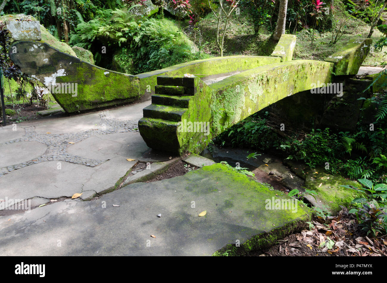 Stone bridge covered by musk inside Goa Gajah sanctuary in Bali, Indonesi Stock Photo