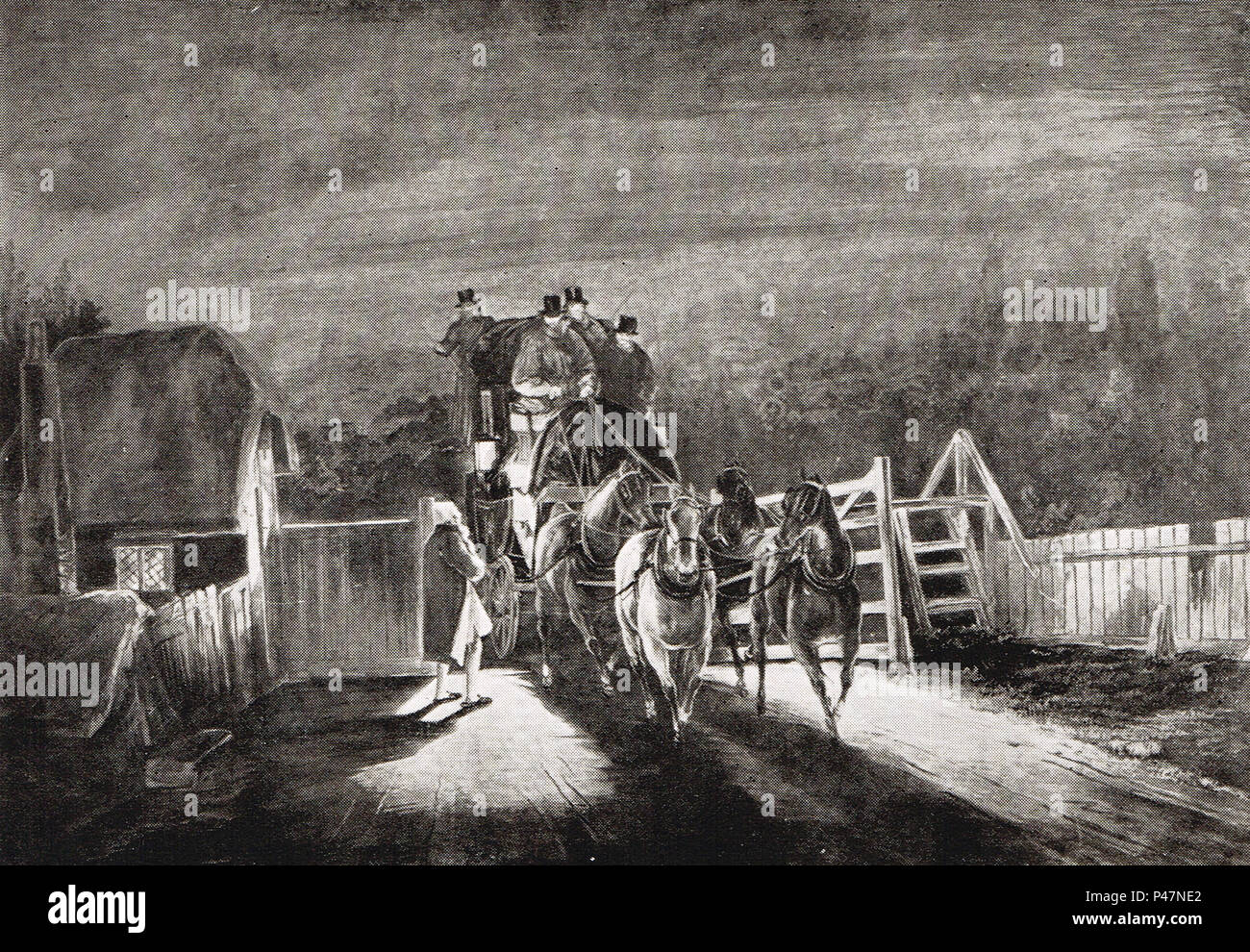 The Turnpike gate at night, 19th Century Stock Photo