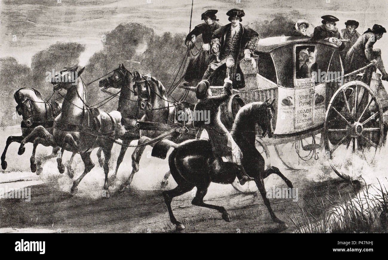 Highwaymen attacking, the York Stage, 18th century, Yorkshire to London stage coach Stock Photo