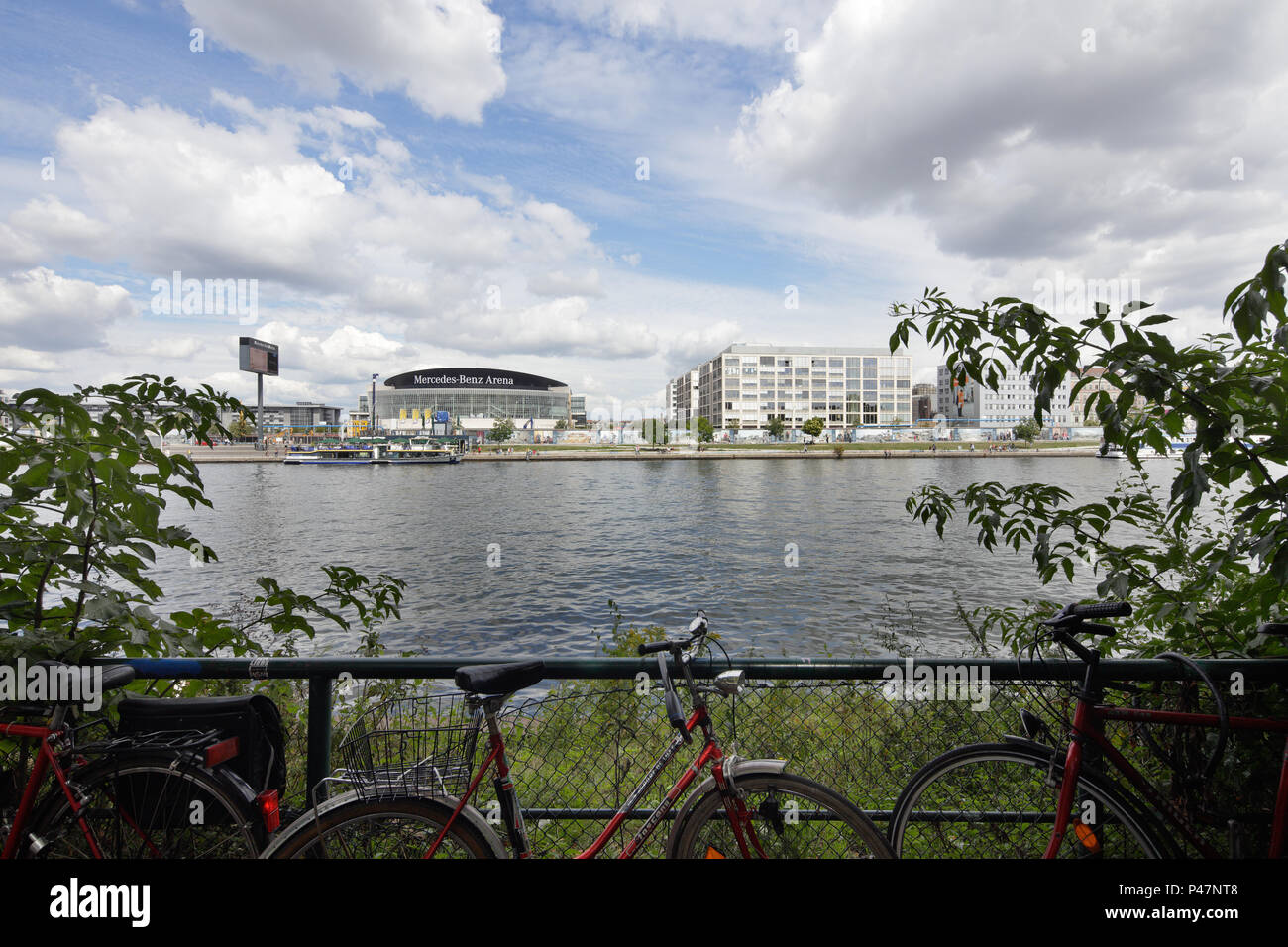 Berlin, Germany, Mercedes-Benz Arena and bicycles on Kreuzberger Ufer Stock Photo