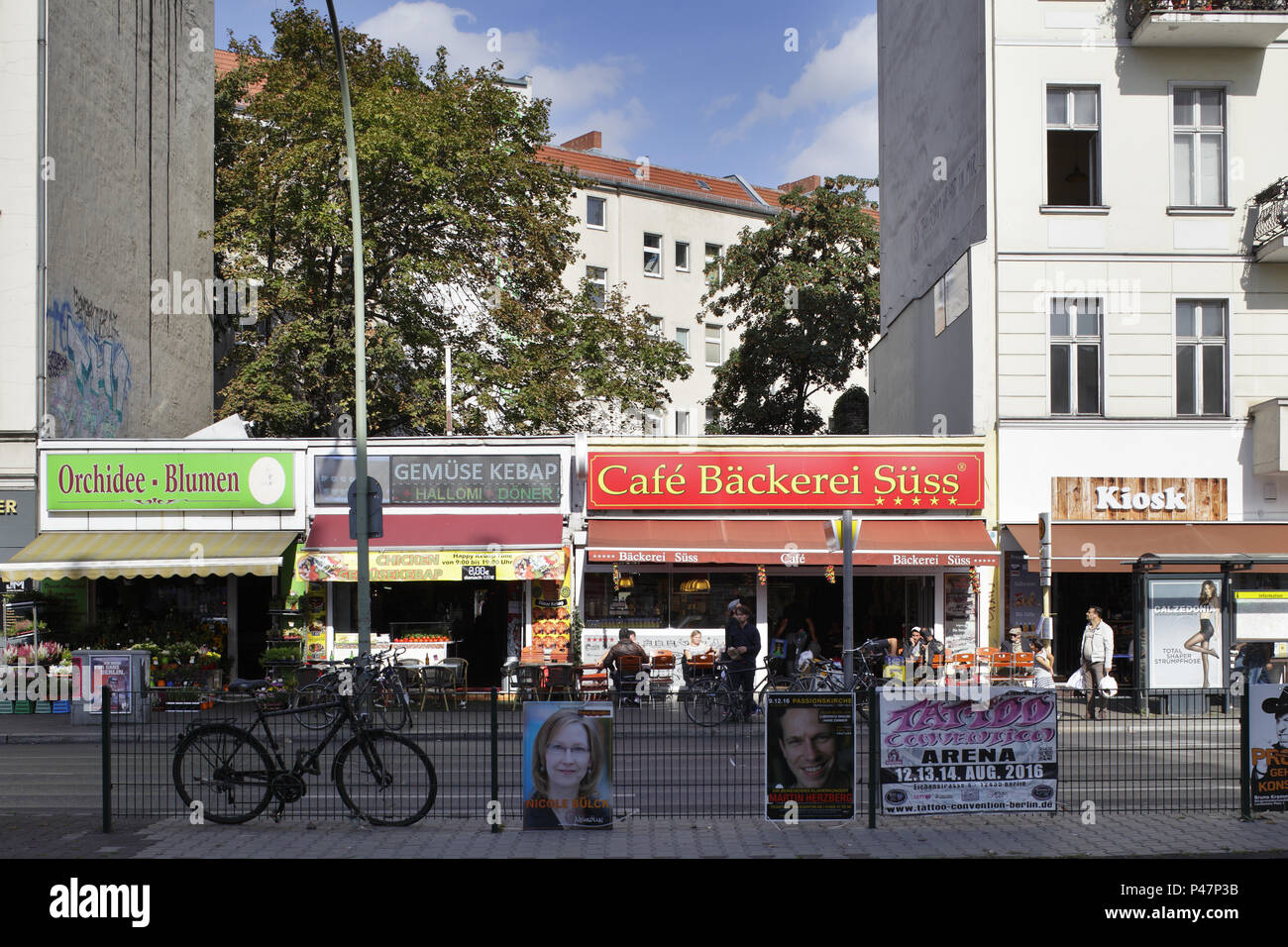 Berlin, Germany, pavilions with small shops in the sun avenue in Berlin Neukoelln Stock Photo