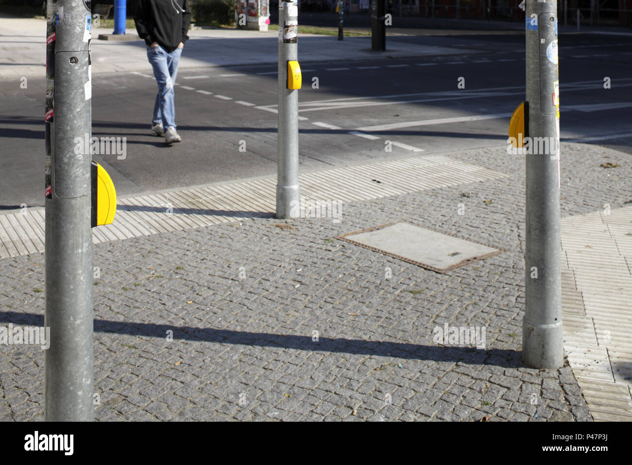 Berlin, Germany, Three masts with traffic lights on Warschauer Strasse in Berlin-Friedrichshain Stock Photo