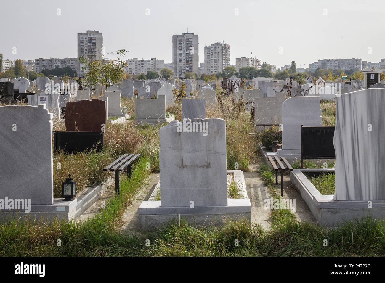 Sofia, Bulgaria, cemetery and prefabricated housing estate Stock Photo