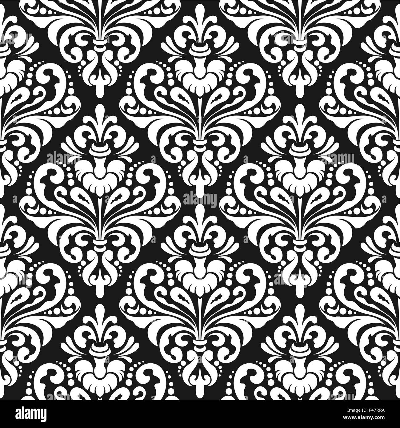 White seamless damask wallpaper pattern on black background Stock Vector