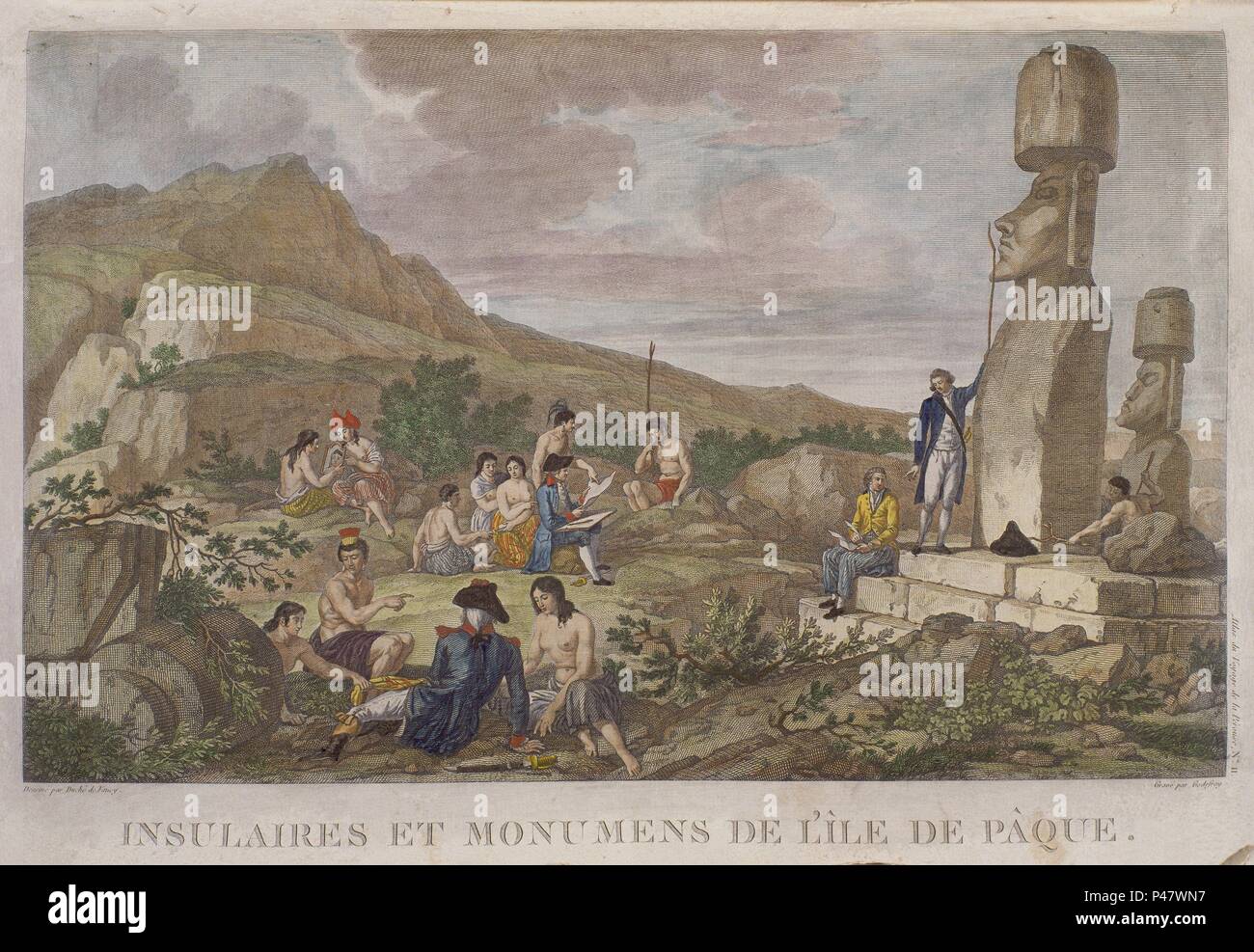 'Islanders and Monuments of Easter Island', plate 11 from the 'Atlas de Voyage de La Perouse' - 1797 - engraving. Author: Gaspard Duché de Vancy (1756-1788). Location: SERVICIO HISTORICO DE LA MARINA, VINCENNES, FRANCE. Also known as: ATLAS DE VIAJE DE LA PEROUSE-ISLEÑOS Y MONUMENTOS DE LA ISLA DE PASCUA. Stock Photo